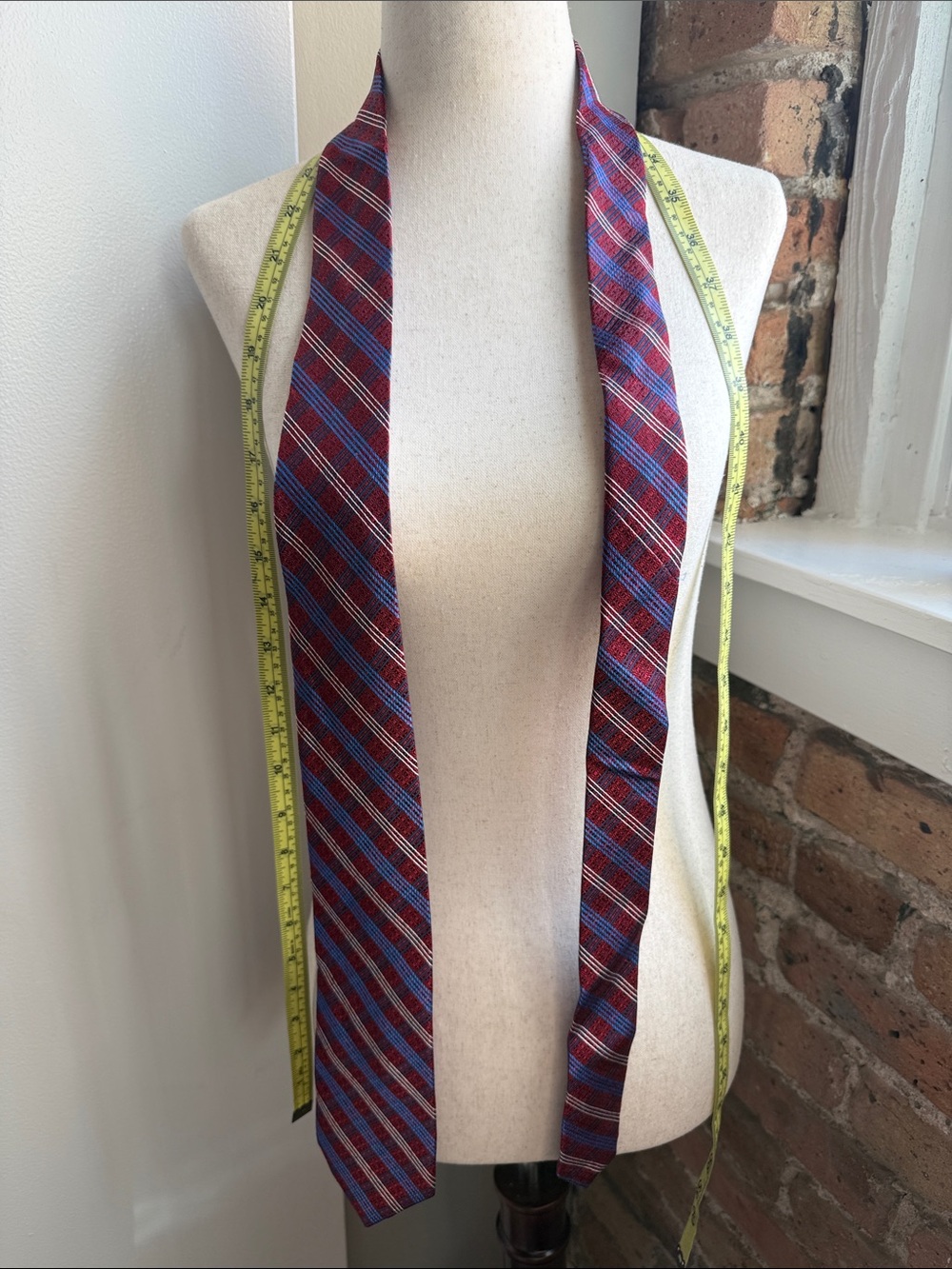 Jos. A. Bank Red Plaid Silk Necktie with Blue and White Stripes